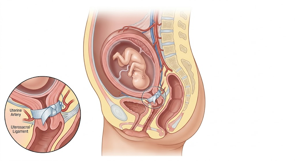 Side-view illustration of a fetus in the uterus inside the maternal pelvis. Inset highlights the uterine artery and uterosacral ligament near the cervix.