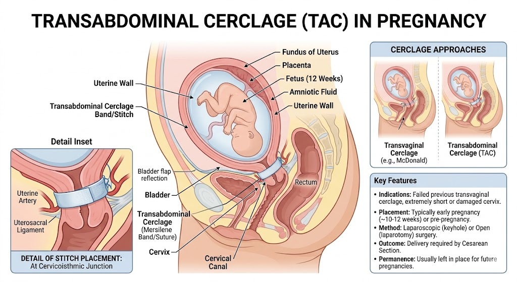 Infographic of pregnancy showing a fetus in the uterus with a transabdominal cerclage band around the cervix.