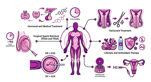 Picture7 | drmanishamehta.com Infographic of male infertility treatments: hormonal and medical therapy, surgical sperm retrieval, IVF with ICSI, varicocele treatment, lifestyle/antioxidant therapy, and semen washing/concentrating.