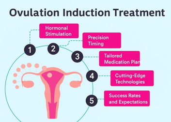 Infographic titled 'Ovulation Induction Treatment' with a stylized uterus diagram, five numbered steps and pink labels: 1 Hormonal Stimulation, 2 Precision Timing, 3 Tailored Medication Plan, 4 Cutting-Edge Technologies, 5 Success Rates and Expectations.