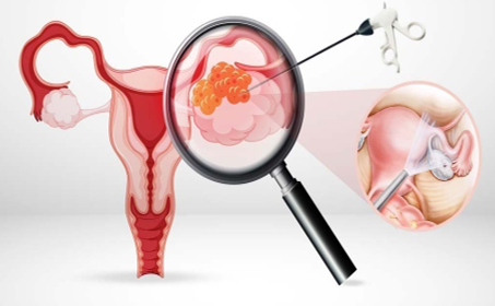 Illustration of a female reproductive system with a magnifying glass focusing on a fibroid in the uterus; inset shows a closer view of the uterine wall with a surgical instrument.