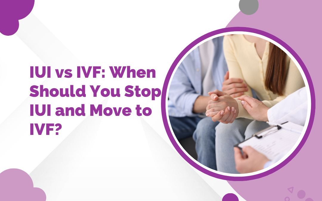 Banner about fertility options: 'IUI vs IVF: When Should You Stop IUI and Move to IVF?' with a circular photo of a doctor and patient in consultation holding handsreadiness.